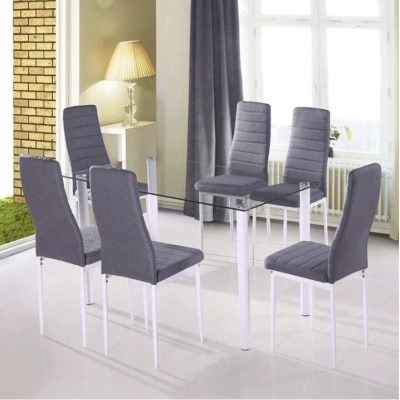 Conjunto de mesa de jantar com tampo de vidro e seis cadeiras cinzentas
