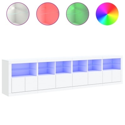 Móvel de arrumação branco com iluminação LED azul e círculos coloridos acima