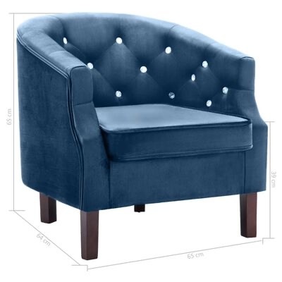 Poltrona azul em veludo com botões brilhantes e pés em madeira