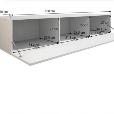 móvel de parede branco com três divisórias e porta basculante aberta com medidas