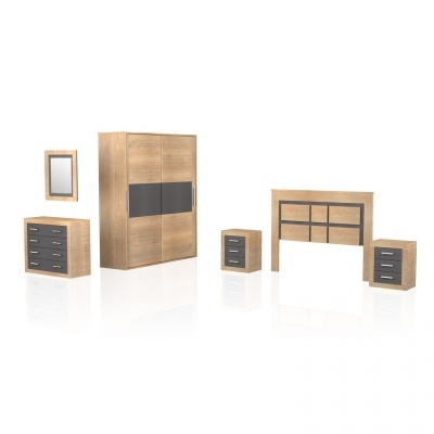 Conjunto de móveis de quarto em madeira castanho claro com detalhes cinzentos num fundo branco.