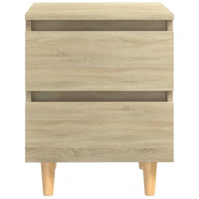 Móvel de arrumação em madeira clara com duas gavetas e pernas de madeira escura