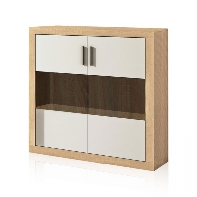 Móvel de arrumação quadrado de madeira clara com portas brancas e vidro central