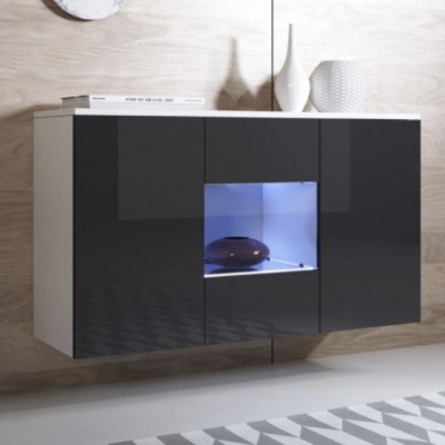 Móvel suspenso preto e branco com iluminação azul num nicho central