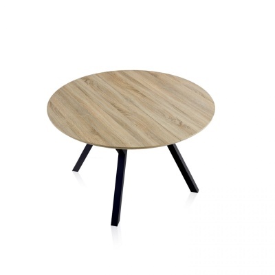 Mesa de centro redonda com tampo em madeira clara e pés pretos