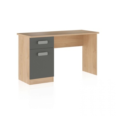 Escrivaninha em madeira clara com gaveta e porta cinza escuro com puxadores prateados