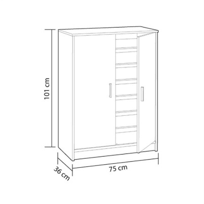 Desenho técnico de armário com duas portas, prateleiras e dimensões indicadas