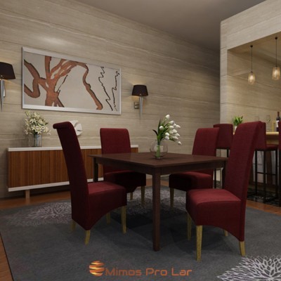 Mesa de jantar quadrada em madeira com cadeiras vermelhas e decoração moderna