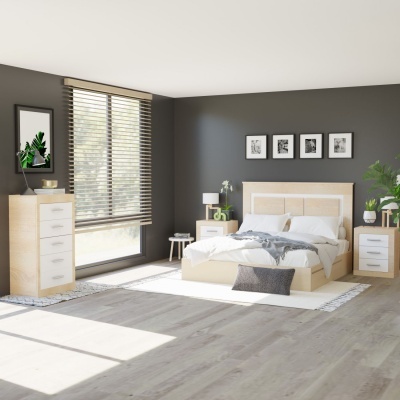 Quarto moderno com cama de madeira clara e móveis em branco e madeira clara