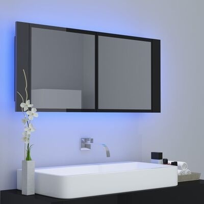 Espelho de casa de banho preto com iluminação LED azul e pia branca moderna
