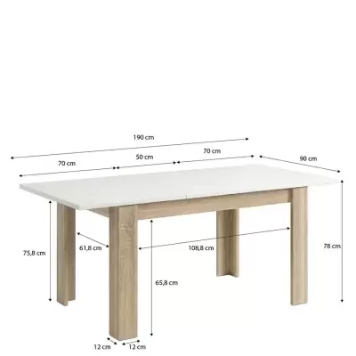 Mesa de madeira clara com tampo extensível branco e medidas indicadas