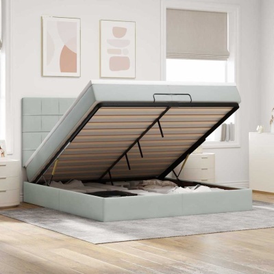 Cama de casal com base de arrumação cinzento claro e estrado de ripas de madeira levantado