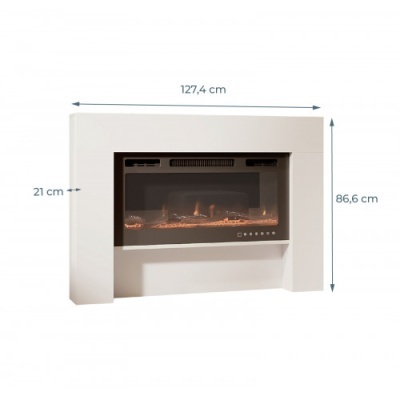 Lareira elétrica branca com visor de vidro preto e chama decorativa