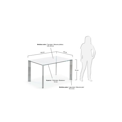 Mesa quadrada de vidro com pernas metálicas e medidas indicadas