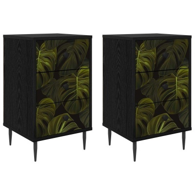 Duas cómodas pretas com gavetas decoradas com padrão de folhas verdes tropicais