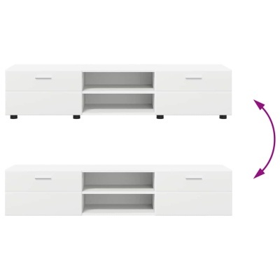 Móvel de TV branco com gavetões e prateleiras, com setas roxas indicando movimento.