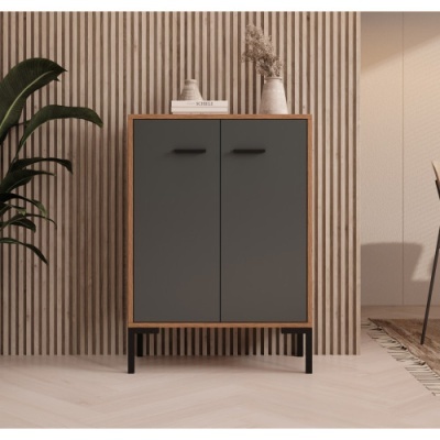 Móvel moderno com duas portas cinzentas e estrutura em madeira com vaso e livro decorativos