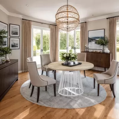Sala de jantar moderna com mesa redonda de madeira clara e cadeiras bege