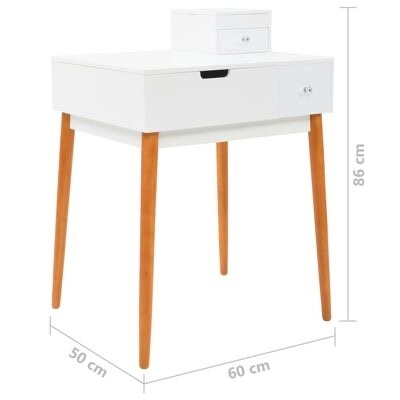 Mesa branca com três gavetas e pernas de madeira castanha