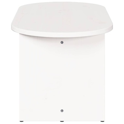 Mesa branca de madeira com tampo retangular e cantos arredondados