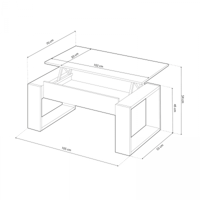 Desenho técnico de mesa de centro extensível com medidas em cm