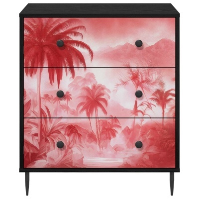Cómoda preta com gavetas decoradas com padrão tropical em vermelho