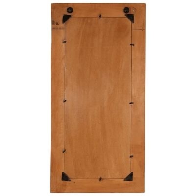 Painel de madeira castanho visto de trás com cantos metálicos pretos e fios de fixação.