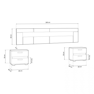 Desenho técnico a preto e branco de aparador e mesas de cabeceira com dimensões