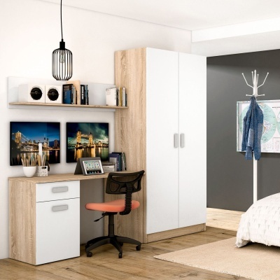 Conjunto de mobília de escritório com armário, escrivaninha, cadeira, prateleira e decoração urbana