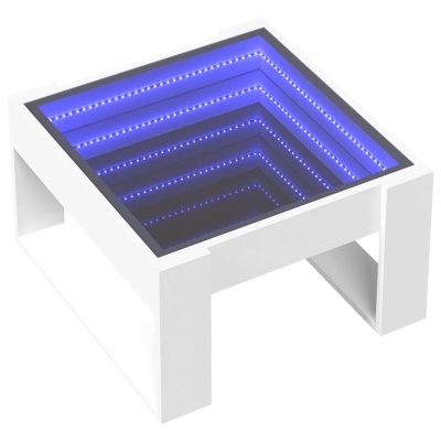 Mesa quadrada branca com efeito de profundidade infinita e LEDs azuis