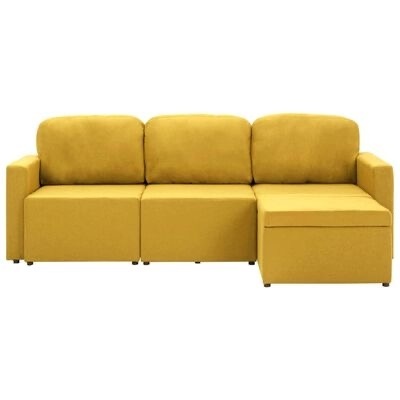 Sofá chaise-longue amarelo com três assentos e almofadas almofadadas