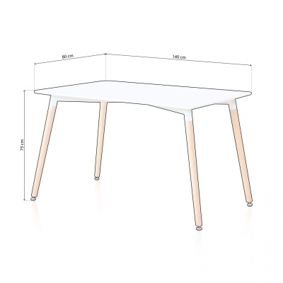 Mesa retangular branca com pernas de madeira clara