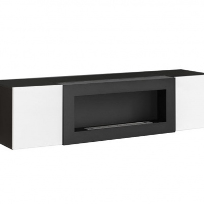 Móvel suspenso preto e branco com espaço central para lareira