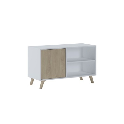 Móvel baixo branco com porta de madeira clara e prateleiras abertas