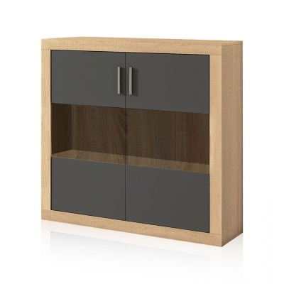 Gabinete de madeira clara com portas cinza escuro e vidro transparente no centro