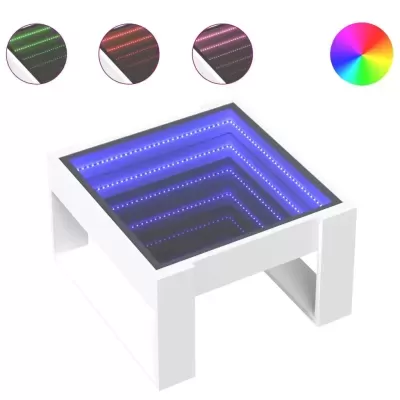 Mesa branca quadrada com efeito de espelho infinito iluminado em azul e opções de cores de luz