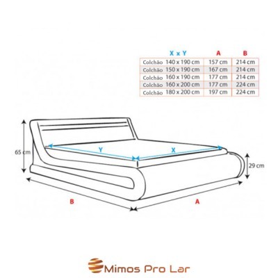 Desenho técnico da cama com dimensões e tabela de tamanhos de colchão, logótipo Mimos Pro Lar.
