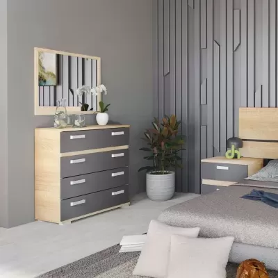 Quarto moderno com cómoda e mesa de cabeceira em madeira clara e gavetas cinzentas
