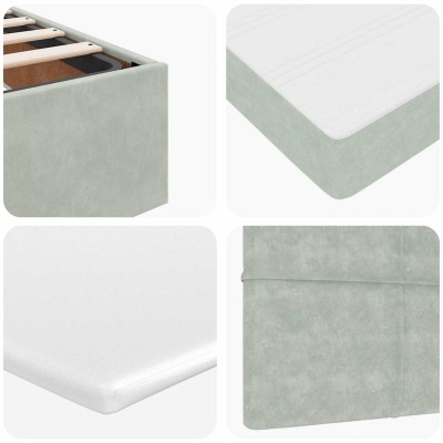 Colchão branco e base de cama cinza esverdeada com ripas de madeira