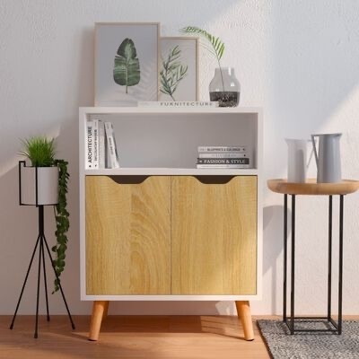 Móvel branco com portas em madeira e decoração com plantas e quadros