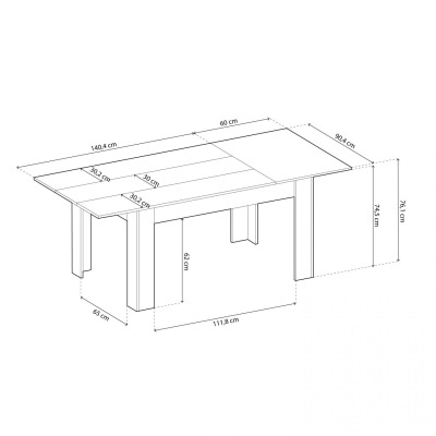 desenho técnico de uma mesa branca com dimensões e extensão dobrável