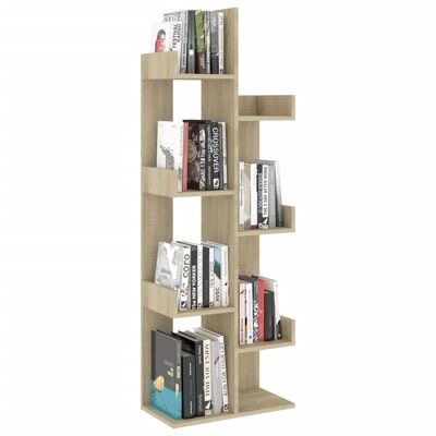 Estante de madeira clara com livros organizados em cinco prateleiras verticais