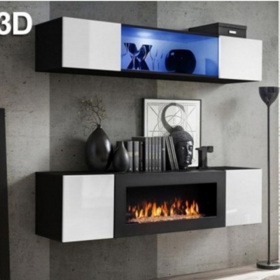 Móvel de parede preto e branco com lareira embutida e iluminação azul