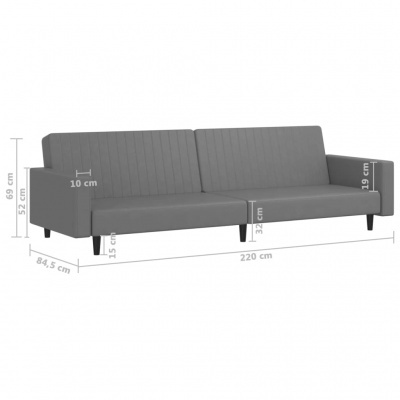 Sofá cinzento com pernas pretas e medidas indicadas em torno