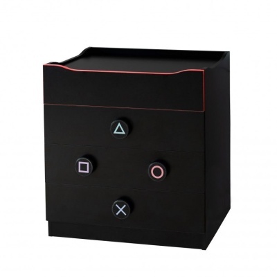 Cômoda preta com três gavetas e botões com símbolos coloridos.