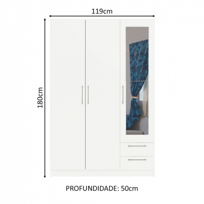 Armário branco com três portas e dois gavetões, uma porta espelhada com cortina azul ao fundo