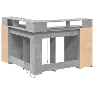 Mesa de escritório estilo betão com laterais em madeira clara e prateleiras abertas.