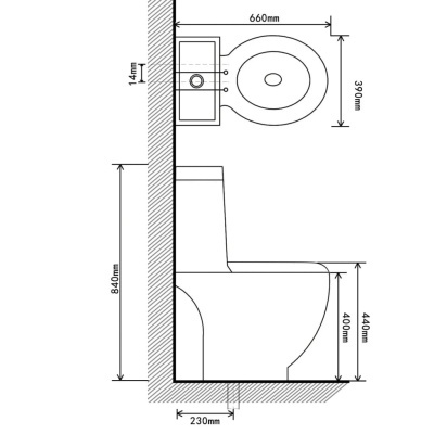 Desenho técnico de uma sanita com medidas em milímetros