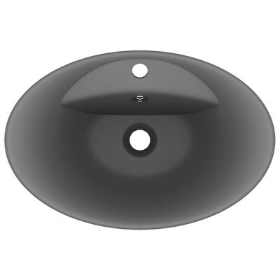 Lavatório cerâmico oval preto mate com orifícios para torneira e dreno