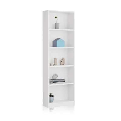 Estante branca de cinco prateleiras com decoração minimalista